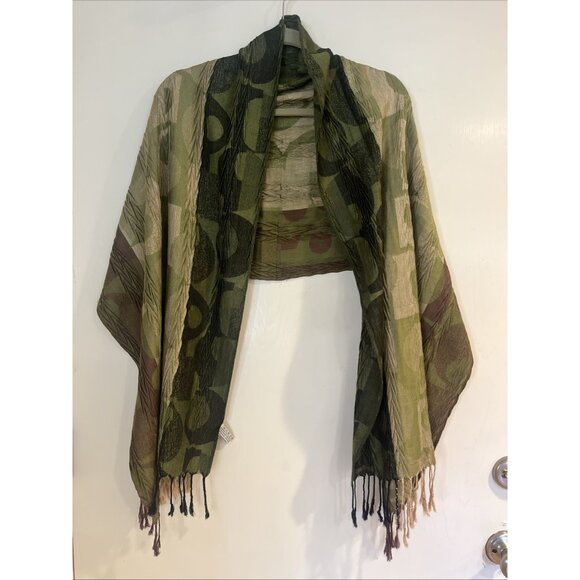 Nicole Marciano Rectangle Scarf Green&brown Textured Print Fringe 68x20 - Picture 4 of 8